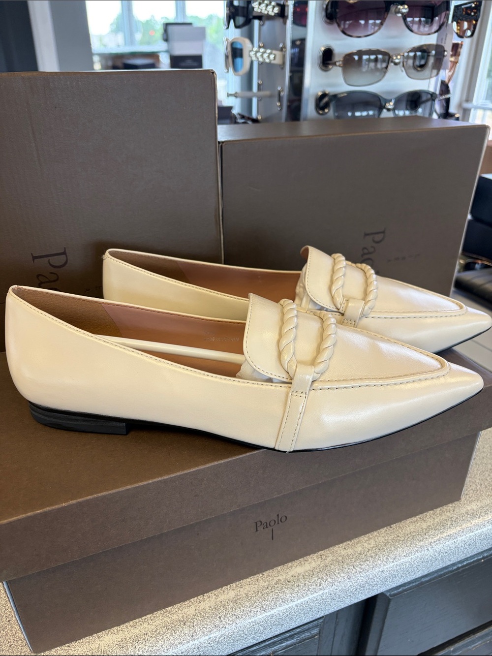 Linea Paolo Cream Braided-Trim Pointed Loafers